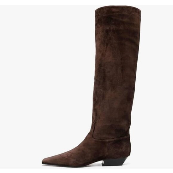 Dark Brown Square Toe Knee High Boots Wide Calf Low Chunky Heel Long Boots - Picture 1 of 8